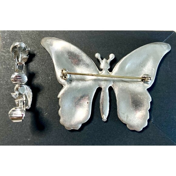 Vintage Silver & Rhinestone Butterfly Brooch and Rhinestone Clip-on Earrings - Picture 3 of 6